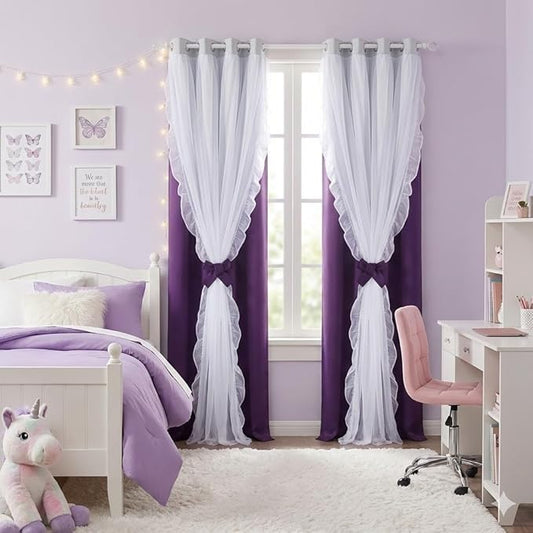 PONY DANCE Blackout Curtains for Living Room Decor Window Treatment Double Layer Drapes Ruffle Sheer Overlay,Moody Curtains, W 52 x L 84 Inches, Ombre-Purple, 2 Panels