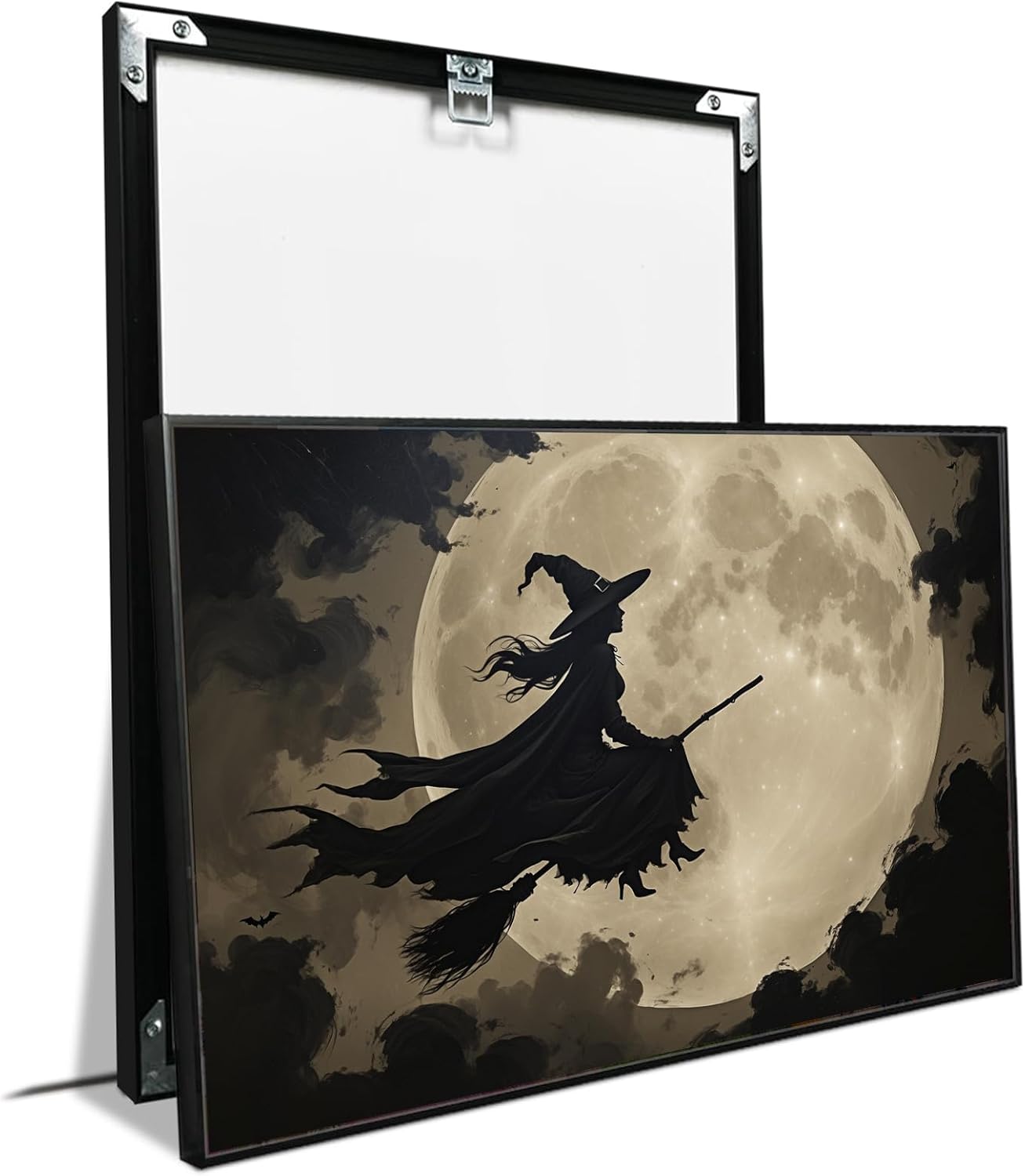 JFHCQJPK Full moon witch silhouette poster witch on magic broom Halloween mural poster decorative mural art suitable for home living room bedroom8x12in Metal blackFramed