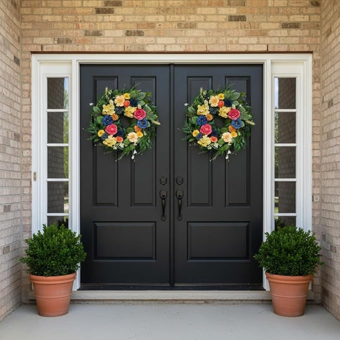 Spring Wreaths for Front Door, 22 Inch Summer Wreath with Roses & Hydrangeas, Outdoor Wreath for Spring Summer Door Decor