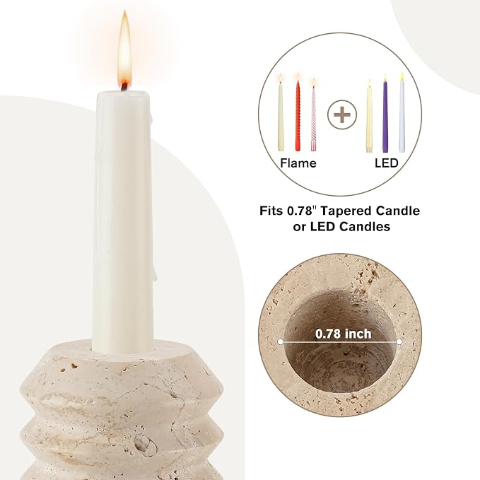 Candle Holders True Natural Travertine Stone 0.4" Thick, Set of 2 Premium Marble Candlestick Holder for Wedding Dinning Party, Candle Stand for 3/4 inch Thick Candles Color White (ZT002)