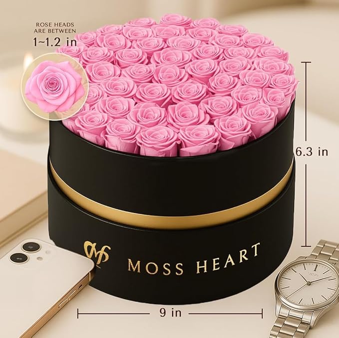 50 Petite Preserved Roses, Designer Round Box, Real Forever Roses Last 1+ Year, Premium Gift for Women, Wife, Girlfriend, Mother’s Day, Birthday, Anniversary, Valentine’s Day