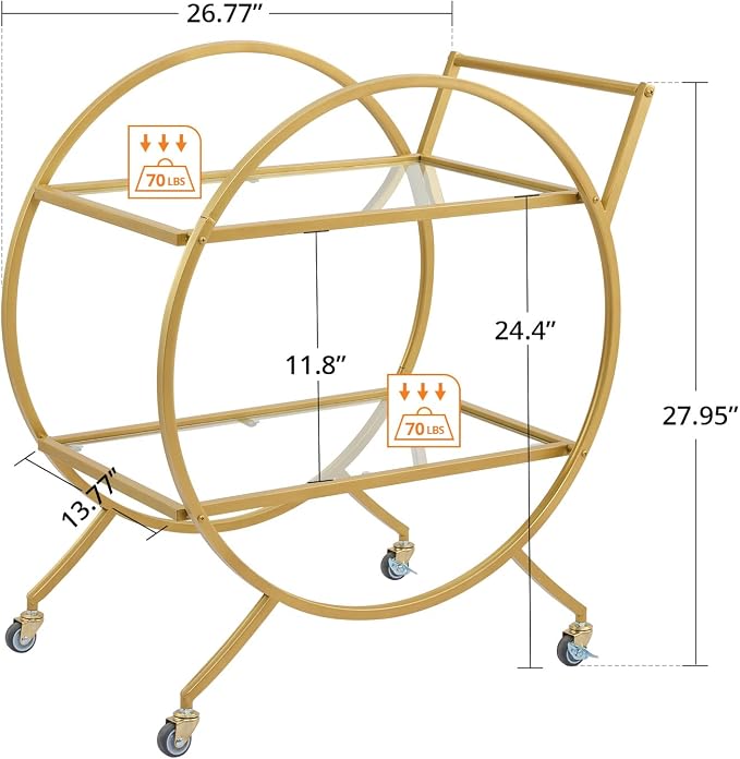 Bar Cart, 2 Tier Mobile Mini Bar, Kitchen Serving Cart and Coffee Station with Lockable Wheels, Storage for Liquor, Metal and Mirror, Modern