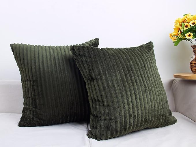 TangDepot Velvet Big Corduroy Pillow Covers 16x16 Dark Green 2-Pack | Soft wide-stripe corduroy pillow cover, hidden zipper, machine washable, easy refresh, for bedroom living room indoor outdoor