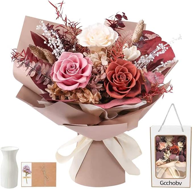 Preserved Flowers Bouquet, Real Eternal Flowers, Gifts For Women, Birthday Gifts For Mom Friends Her Girlfriend Sister, Valentine (Caramel)