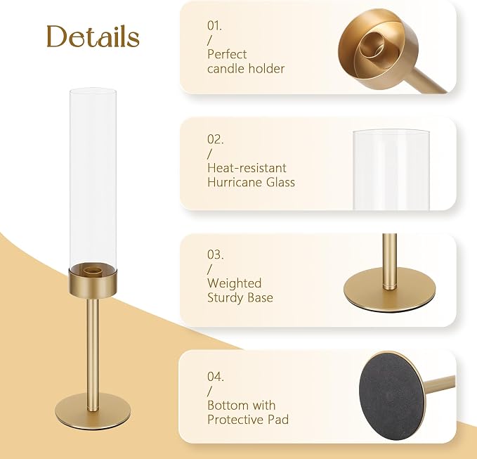 Ronasip Hurricane Candle Holders Set of 3, Matte Gold Metal Taper Candlestick Holders with Clear Glass Chimney Cylinder Tubes, Tall Candle Stands for Wedding, Christmas, Dining Table Centerpiece Decor