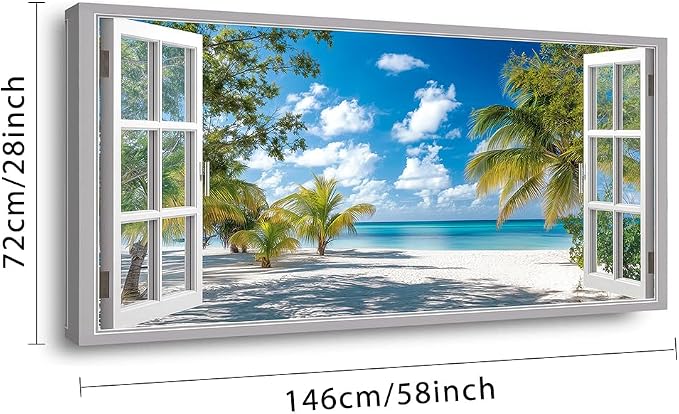 Ggaafet Tropical Beach Window Wall Art for Living Room Canvas Painting Prints Beautiful Palm Tree Art Deco Modern Artwork Office Bedroom Family Room Decor Extra Large