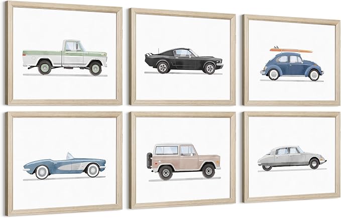 Blue Car Wall Art Decor Boys Room Wall Art Vintage Cars Canvas Poster Pictures Toddler Kids Room Prints Watercolor Vehicle Artwork Painting for Boys Bedroom Nursery 8x10 Inch Wood Framed Set of 6