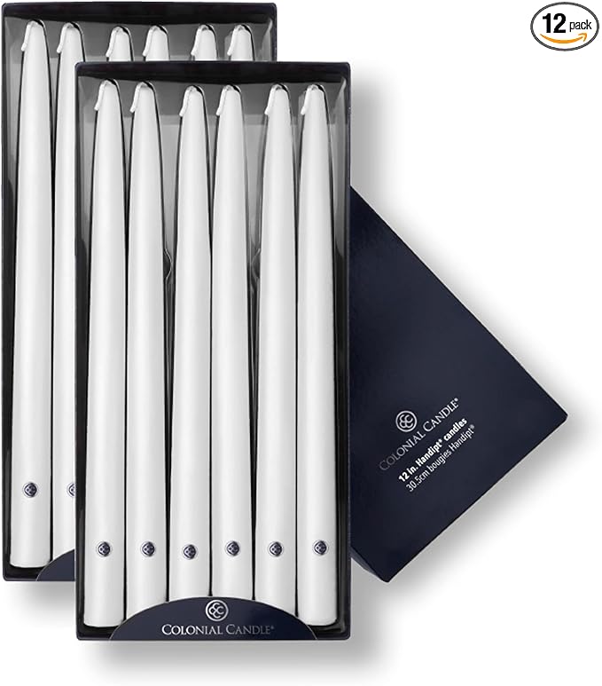 Colonial Candle Unscented Taper Candle, Handipt Collection, White, 12 In, Pack of 12 - Up to 10 Hours Burn