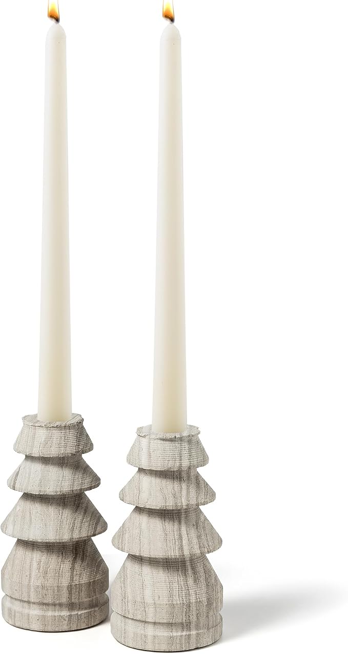 Marble Candle Holders Set of 2, Natural Stone Candlestick Holder for Christmas Decor, Wedding Centerpiece, Dining Table Fits 3/4" Taper Candles, Non-Slip Base, Grey (WH071)