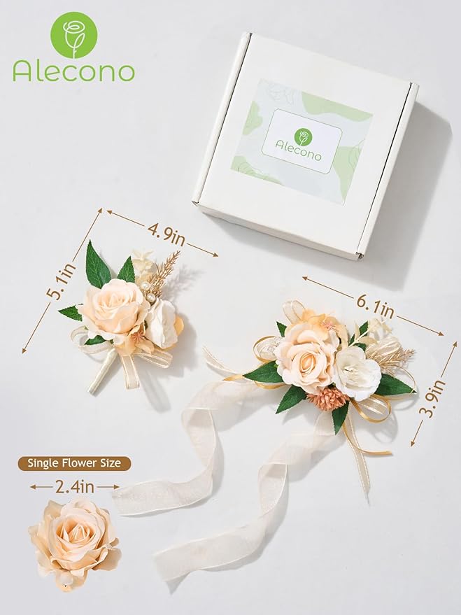 Alecono Champagne Corsage and Boutonniere Set, Corsages for Bride Bridesmaid Groom Bridegroom, Artificial Flowers for Prom Graduation Ceremony Anniversary