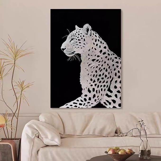 YaSheng Art : Hand Painted Oil Painting,Canvas Wall Art, Modern Black and White Leopard Wall Art Canvas, Large Contemporary Wildlife Home Decor Wall Art for Living Room, 24x36 inches