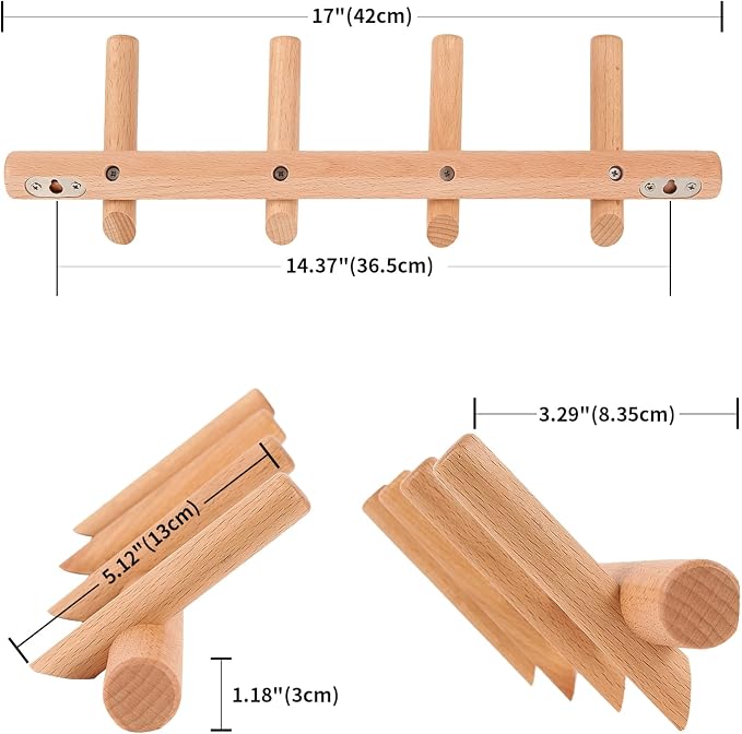 KYSMOTIC Wooden Coat Rack Wall Mounted | Modern Wood Coat Hooks for Entryway, Bedroom, Bathroom | 4 Pegs Wood Wall Hook for Hanging Clothes Robes Towels Hats