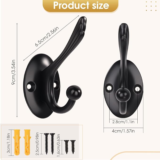 Matte Black Heavy Duty Wall Hooks – 6 Pack Black Coat Hooks for Hanging Coats,Robes,Bags,Hats,Wall Mounted with Includes Two Types of Installation Screws TYDB