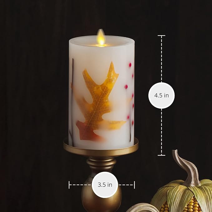 Luminara Embedded Flameless LED Candle - Orange Leaf 3.5" x 6.5" - Moving Flame Pillar, Battery Operated Timer, Real Wax, Unscented, Safe