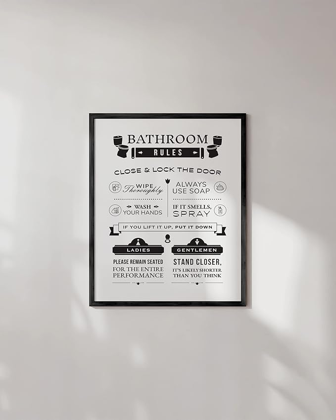 HAUS AND HUES Funny Bathroom Signs & Decor, Toilet Rules Art (Unframed 16x20)