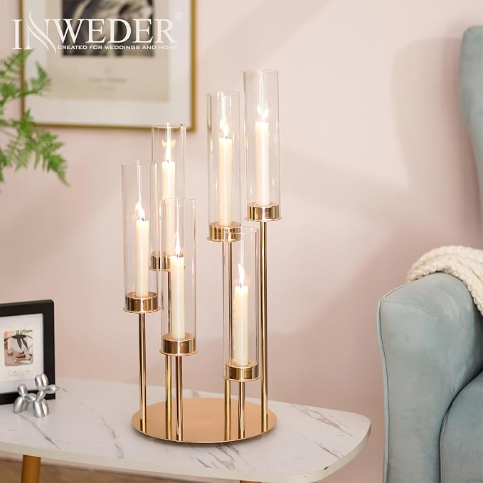Hurricane Glass Taper Candle Holders: 6 Arm Gold Candelabra Candlestick Holders 24" Tall Candle Holder Candlestick Hurricane Large Gold Candle Holders with Removable Glass Cover Wedding Party Home