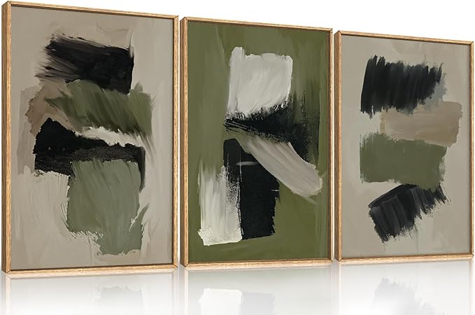 Green Abstract Framed Canvas Wall Art Set, Modern Brush Strokes Wall Decor,Neutral Tone Minimalist Green and Black Color Block Art Print for Living Room,Bedroom,Dining Room, Office-16 x24 x3