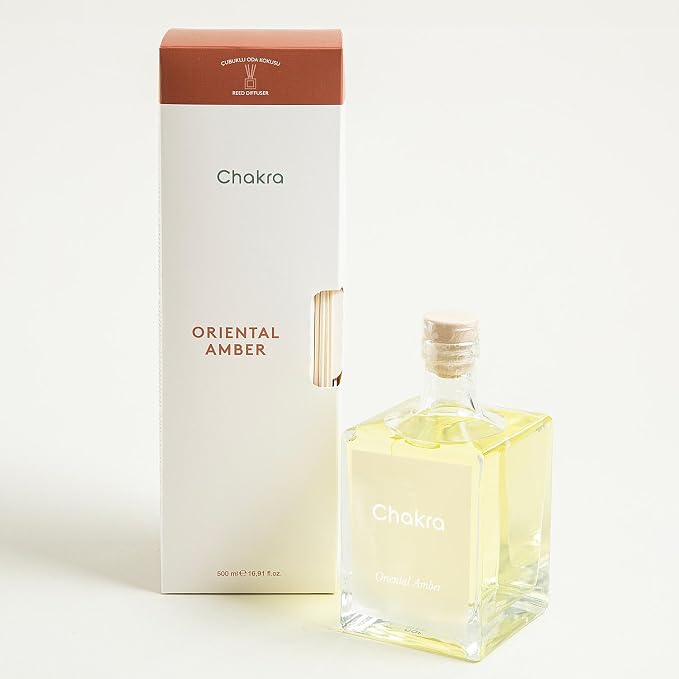 Chakra Reed Diffuser Set - Reed Diffusers for Home, Office and Living Spaces with Long-Lasting Fragrance, Scent Diffuser with Decorative Glass Bottle & Bamboo Sticks, 17 fl oz, Oriental Amber