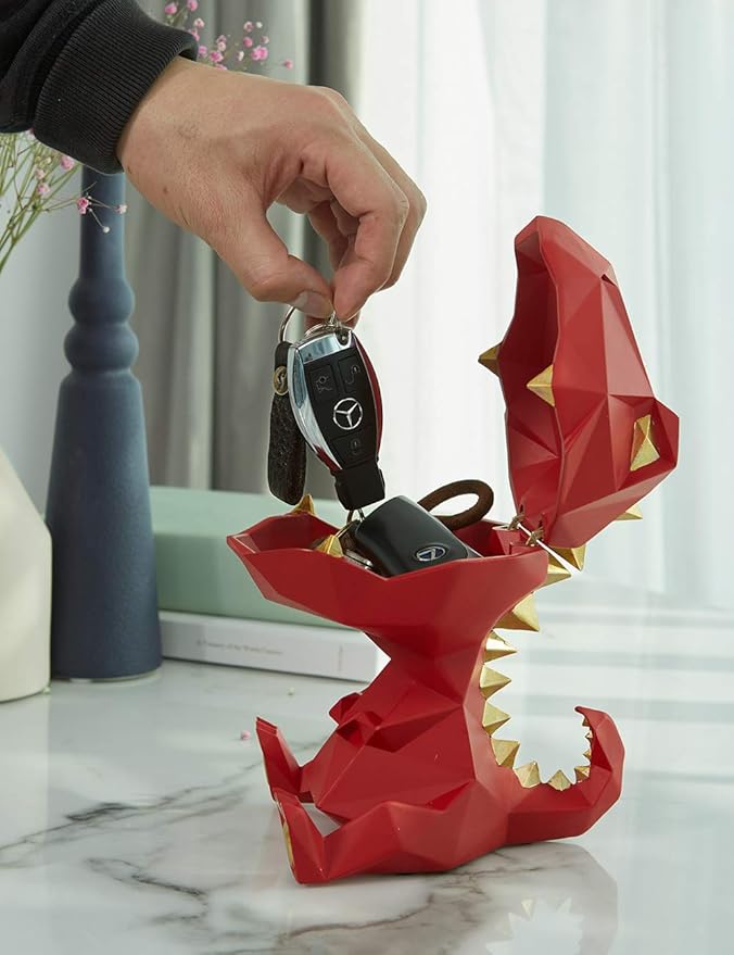 HAUCOZE Dinosaur Candy Dish Cookie Jar Storage Statue Modern Home Decor Sculpture Table Centerpiece Gift for Living Room Red 7.5 Inch