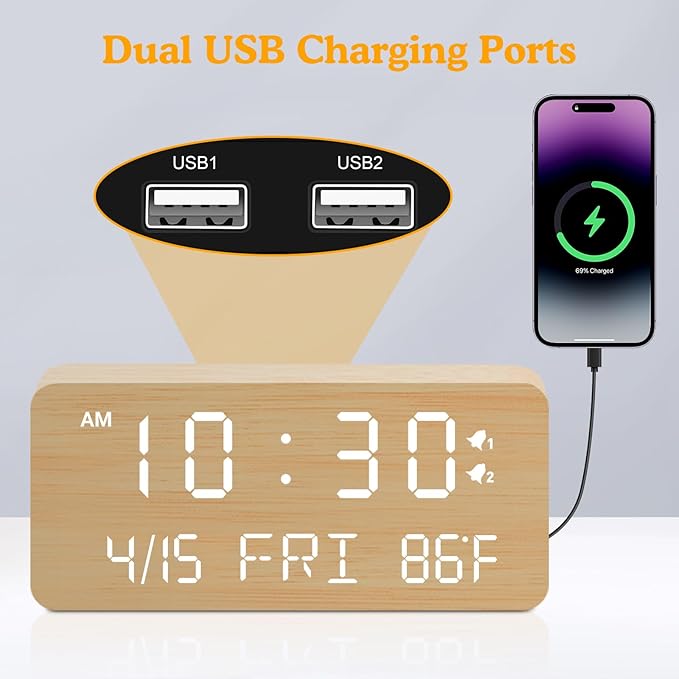 Andoolex Wooden Digital Alarm Clock with Wireless Charging, 0-100% Adjustable Brightness Dimmer and Alarm Volume, Weekday/Weekend Mode, Dual Alarm, Snooze, 12/24H, Wood LED Clock for Bedroom (Bamboo)