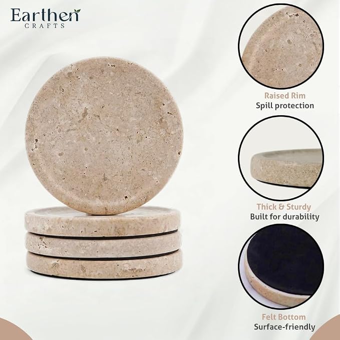 Travertine Marble Coasters Set of 4 for Drinks 4 Inches Round Drink Coaster for Kitchen Countertop, Modern Home Decor and Perfect for Gifting