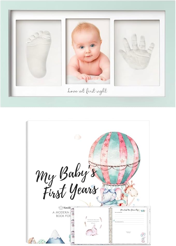 KeaBabies Baby Hand and Footprint Kit and First 5 Years Baby Memory Book Journal - Baby Footprint Kit, 90 Pages Hardcover First Year Keepsake Milestone Baby Book, Newborn Keepsake Frame