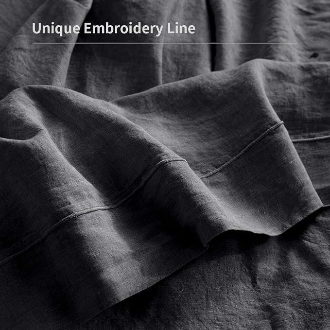 100% French Linen Pillowcases with Embroidery - Pack of 2 - Washed Solid Color Natural Flax Soft Breathable - Dark Grey, 20'' x 30''