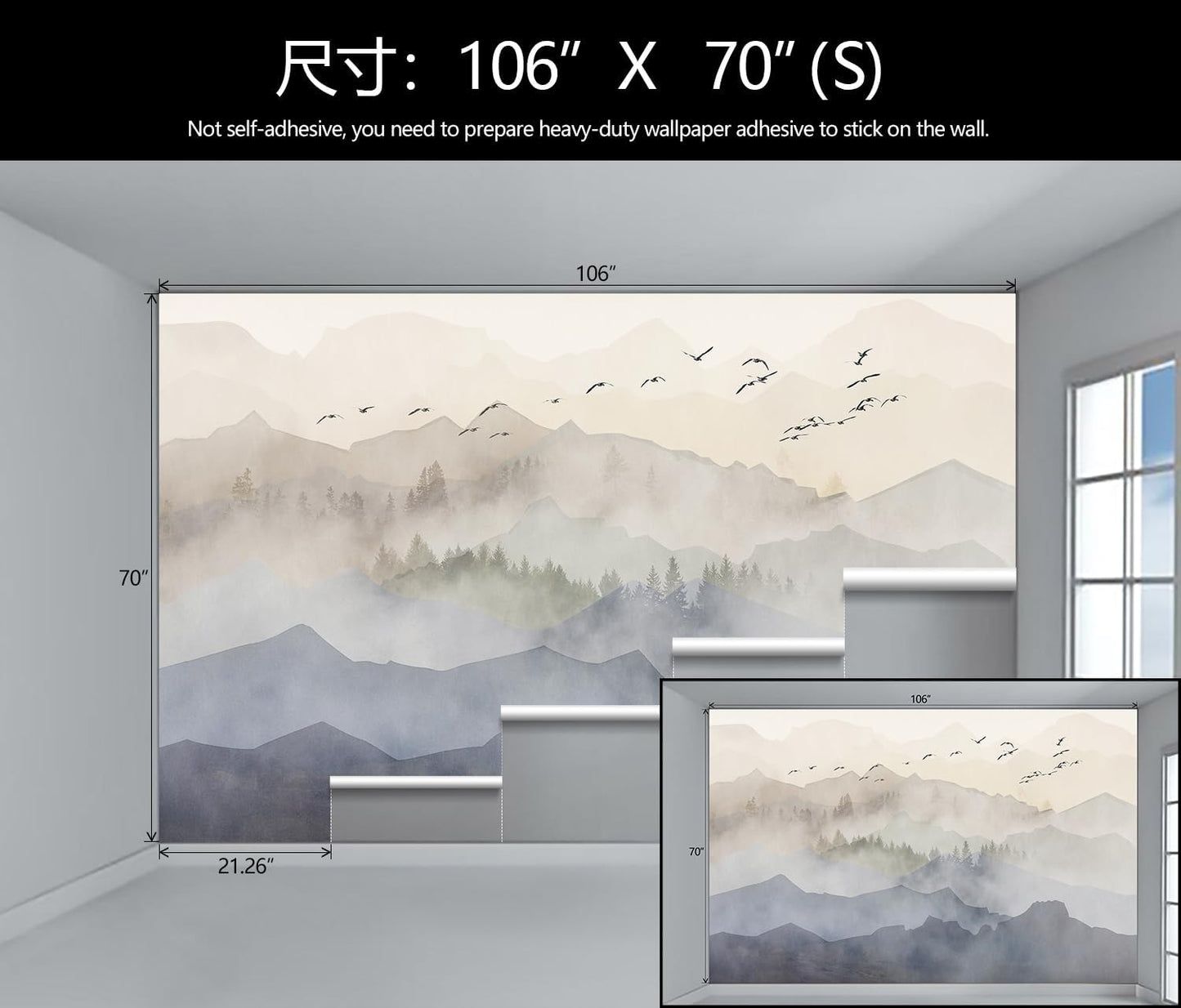 WFBHUA-Foggy Forest Mountain Wallpaper Mural Natural Woodland Landscape Wallpaper for Living Room Bedroom (Not Peel and Stick)