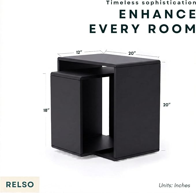 Relso Cascade Nesting Tables Set of 2 - Solid Wood with Smooth Rounded Edges for Stylish Living Room, Bedroom Or Outdoor Use - Space-Saving Design, Natural Grain, Long-Lasting, Black Finish