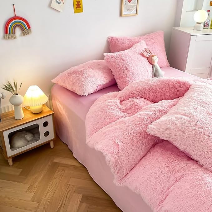 chovy Faux Fur Plush Light Pink Comforter Sets Twin/Full Size - Ultra Soft Shaggy Flannel Velvet Fluffy Fuzzy 3PC Bedding Set （Comforter x 1 Pillowcases x 2）