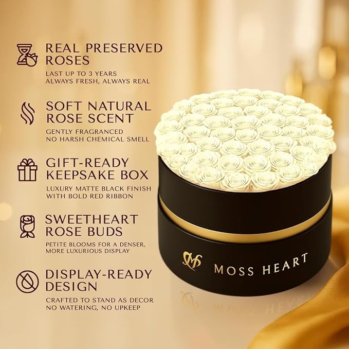 50 Petite Preserved Roses, Designer Round Box, Real Forever Roses Last 1+ Year, Premium Gift for Women, Wife, Girlfriend, Mother’s Day, Birthday, Anniversary, Valentine’s Day