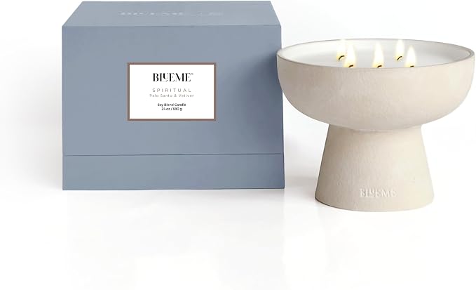 Blueme Spiritual Candle | Palo Santo & Vetiver | 5 Wick - Refillable Wellness Candle with Essential Oils, Hand Finished & Poured Soy Wax Blend Ceramic Vessel, Natural Cotton Wicks | Large 24 oz