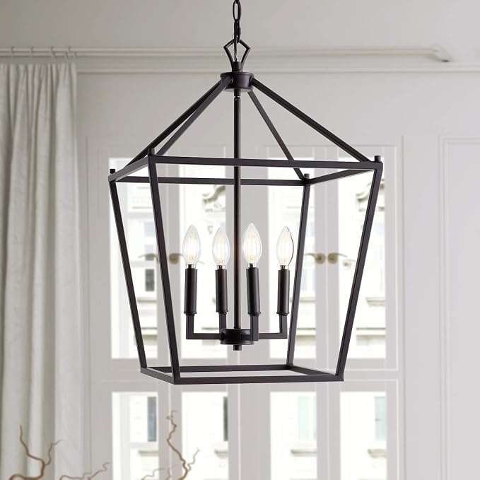 JONATHAN Y 16" Oil Rubbed Bronze Lantern Pendant Light, 4-Light Pagoda Style Metal Cage Farmhouse Hanging Ceiling Fixture for Kitchen Island, LED Bulb Included (JYL7437A)