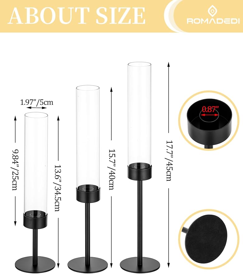 Romadedi Black Candlestick Holders Hurricane - Metal Taper Candle Holder Tall Windproof Glass Cylinder for Indoor Outdoor Table Centerpiece Christmas Halloween Modern Home Decor Set of 3