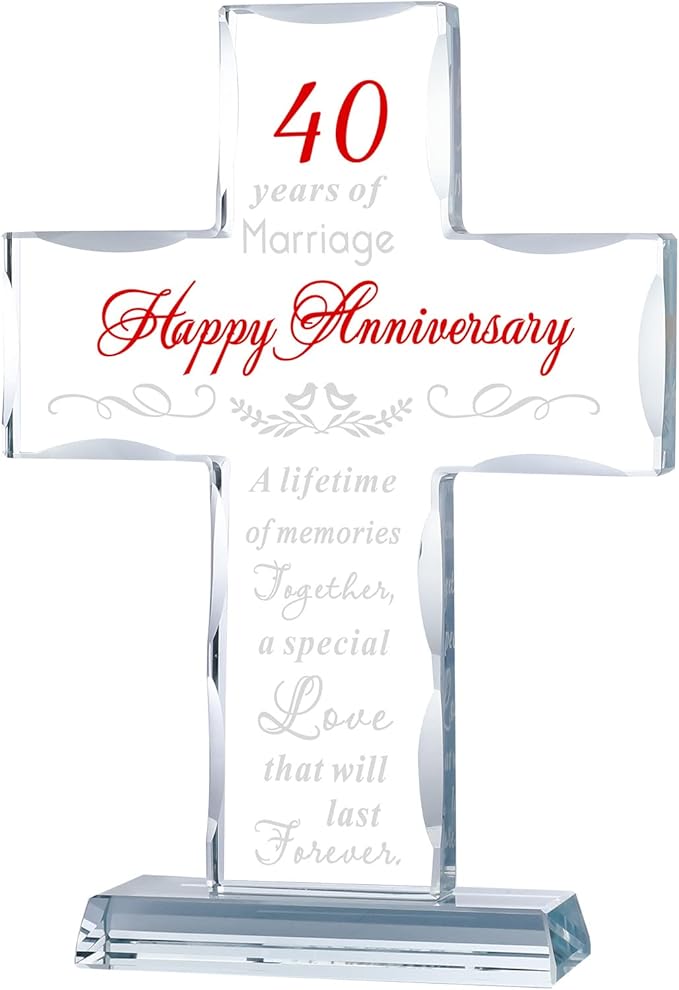 YWHL 40th Wedding Anniversary Cross Gifts for Parents, 40 Years of Marriage Glass Standing Cross Keepsake for Couple, 40 Years Aniversary Decorations for Home Party
