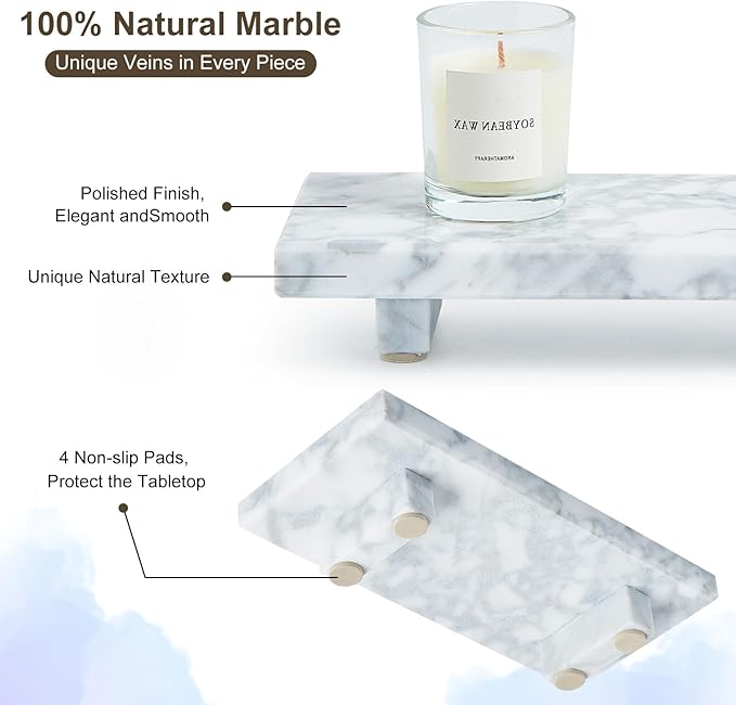 Natural Marble Tray Pedestal Stand – Soap & Jewelry Riser for Bathroom Counter, Kitchen Sink, Vanity Organizer, Decorative Stone Catchall for Perfume, Candles