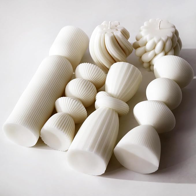 7 Pcs Large Ribbed Pillar Candles - Handmade Soy Wax Candles for Home Decor, Modern Shelf Decor, Housewarming Gift, Aesthetic Room Decor (White)