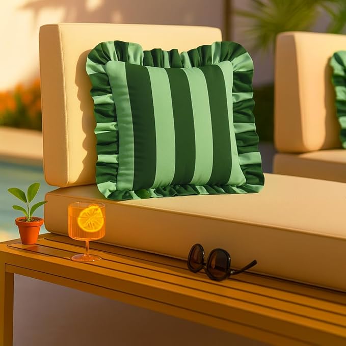 MONDAY MOOSE Decorative Throw Pillow Covers, Set of 2 Water-Resistant Striped Design with Ruffle Edge for Outdoor/Indoor Use, Pillow Inserts Not Included (20x20 inch, Green/Light Green)