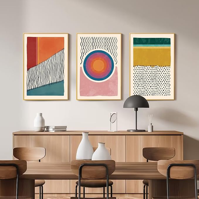 HPINUB Boho Framed Canvas Prints Wall Art Set, Mid-Century Abstract Color Block Shape Wall Decor, Geometric Illustrations Art Photos for Living Room, Bedroom, Dining Room, Office, Bathroom - 16"x24"x3