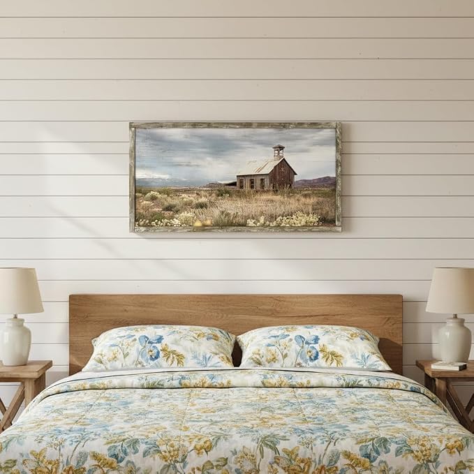 Farmhouse Wall Art Barn Picture: Rustic Framed Country Print Wood Decor Living Room Horizontal Farm Scene Countryside View Painting Bedroom Panoramic Nature Landscape Artwork for Home Office
