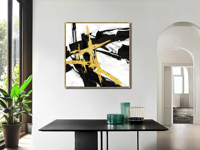 Sofoney Gold Framed Black & Gold Abstract Wall Art, 24"x24" | Hand Painted Texture, Gold Foil, Modern Brushstroke Canvas, For Living Room Bedroom Office