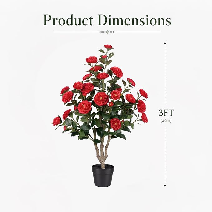 3ft Artificial Camellia Tree 2 Pack, 36" Faux Potted Camellia Plant with Vibrant Red Silk Flowers, UV Resistant Fake Flowering Tree for Front Porch Indoor Outdoor Home Office Floor Decor