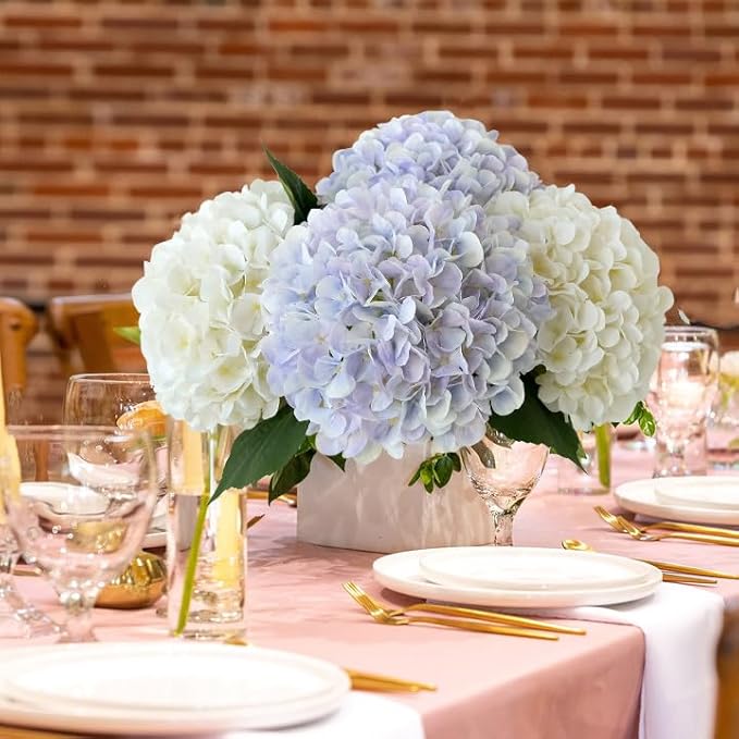 JINWOE Boho Fake Hydrangea Artificial Flowers, 4Pcs 22" Large Lifelike Silk Artificial Hydrangeas, Full Fake Flowers for Bouquet Table Centerpieces Wedding Indoor Home（Light Blue Violet）