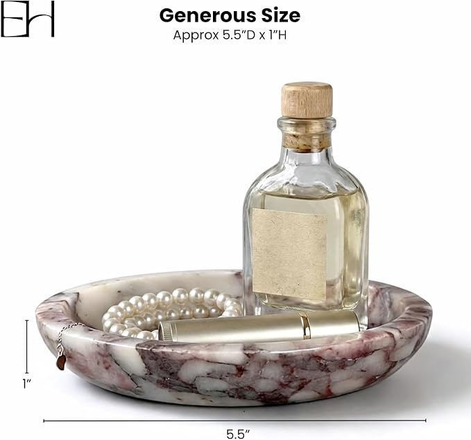 Marble Trinket Dish, Calacatta Marble Tray for Jewelry & Keys, Round Soap Dish & Decorative Stone Bowl Candle Holder for Entryway Table, Bathroom, Vanity (Viola, 5.5 INCH)