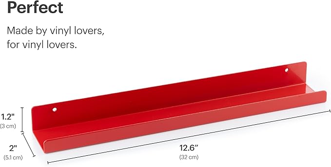Vinyl Record Shelf - A Metal Display Shelf - Wall Mount Now-Playing Vinyl Shelves - an Album Record Holder That Doubles as a Picture Ledge - Fits All Records (Red)