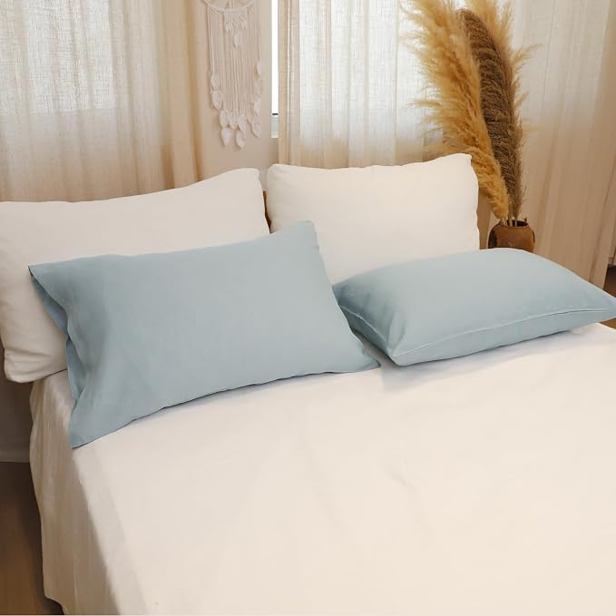 Linen Pillow Cases King Size Set of 2,100% French Linen Pillowcase Soft Breathable Envelope Pillow Cover Home Decor Gift for Women(Light Blue,20x40)