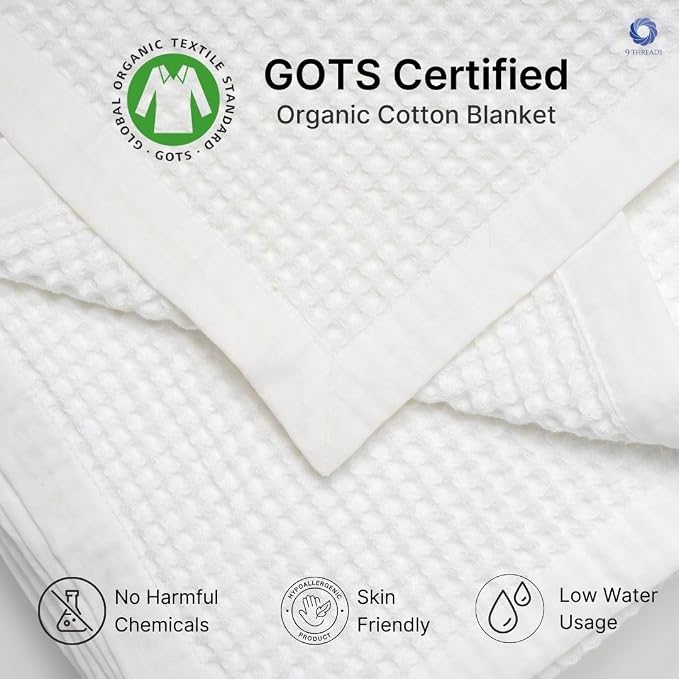 GOTS Certified Organic Cotton Waffle Weave Blanket, Queen Bed Size, 90"X90"Cozy Throw Blanket for Couch, Modern Home Decor, Throw Blankets, Comfy Waffle Blanket & Soft Bed Blankets -White