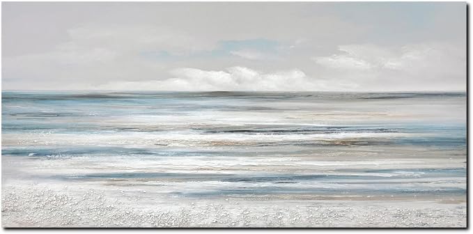 TRAIN2 ART Abstract Wall Art Modern Coastal Wall Decor Textured Blue and White Sea Background Canvas Wall Art for Living Room Bedroom Kitchen Office 28"x57"