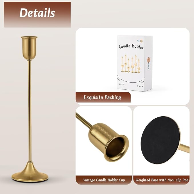 Brass Gold Candlestick Holders Set of 6, Metal Taper Candle Stick Holder | Vintage Modern Candle Holder Decor for Table Centerpiece, Fireplace Mantel Wedding Housewarming Gift, Candlelit Dinner Décor