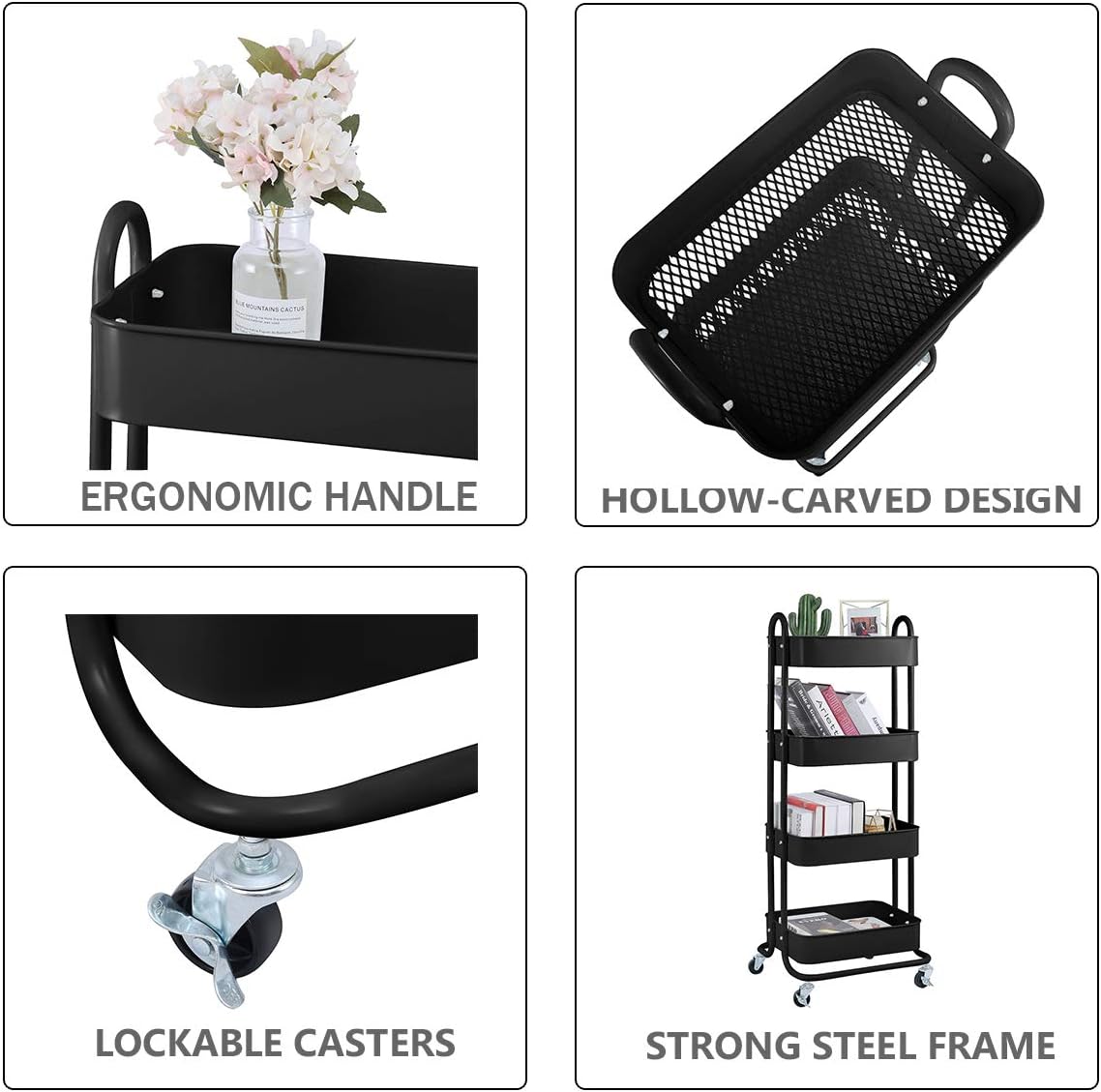 4-Tier Metal Mesh Utility Rolling Cart Storage Organizer Shelf Rack with Lockable Wheels for Living Room Kitchen Office, Black